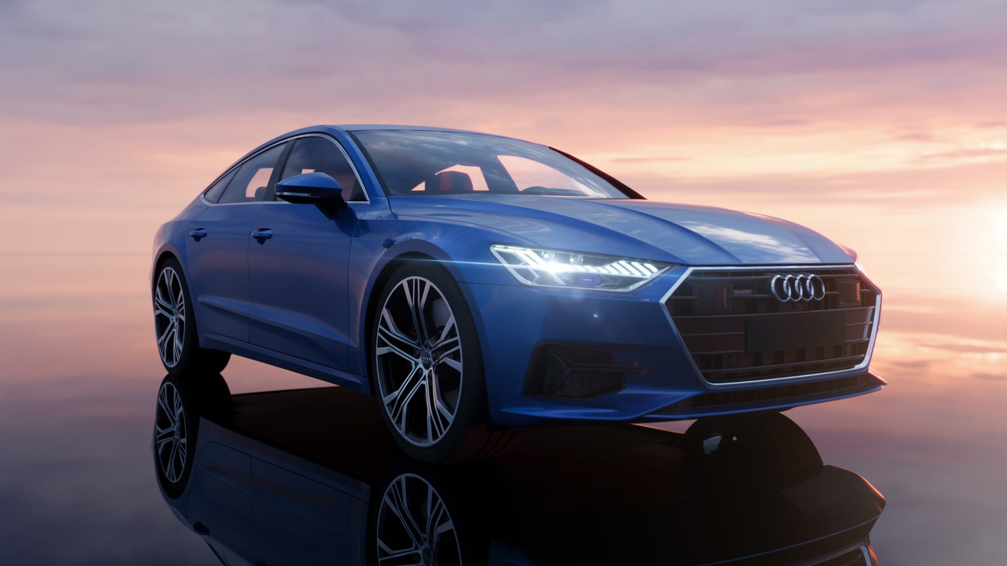 Audi A7 Sportback bleue de trois quarts avant sur sol miroir au coucher du soleil — rendu CGI