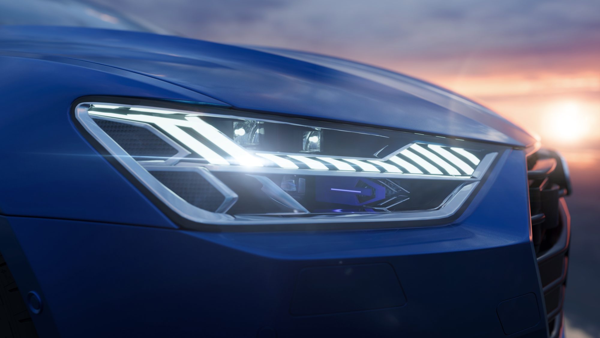 Macro du bloc optique avant de l'Audi A7, signature lumineuse allumée — rendu CGI