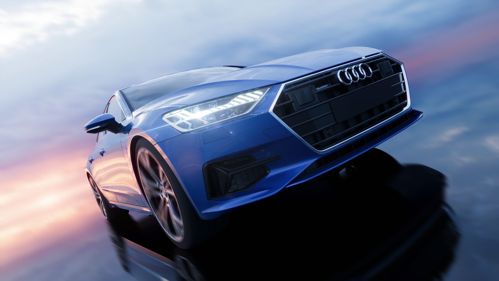 Audi A7 en plongée dynamique avec effet de vitesse — rendu CGI