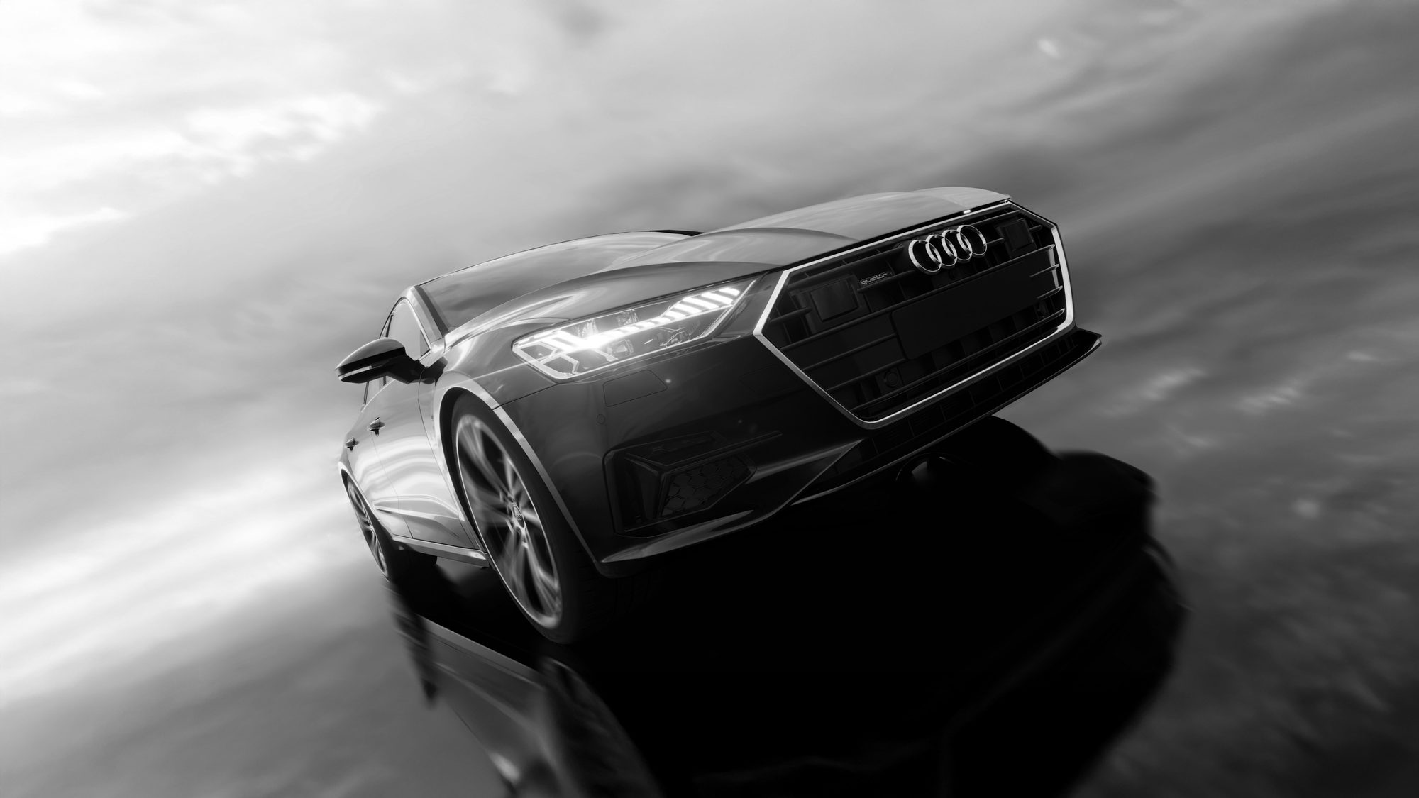 Audi A7 Sportback, vue frontale rapprochée, phares allumés — rendu CGI