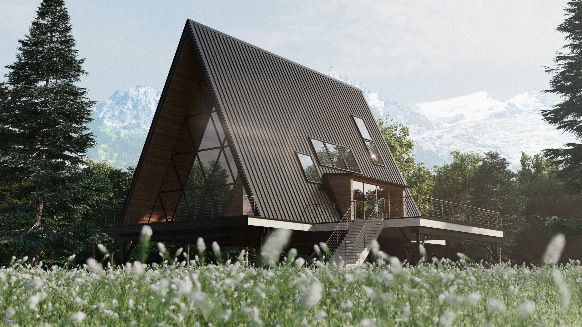 Maison A-frame dans un alpage fleuri face à des sommets enneigés — rendu CGI