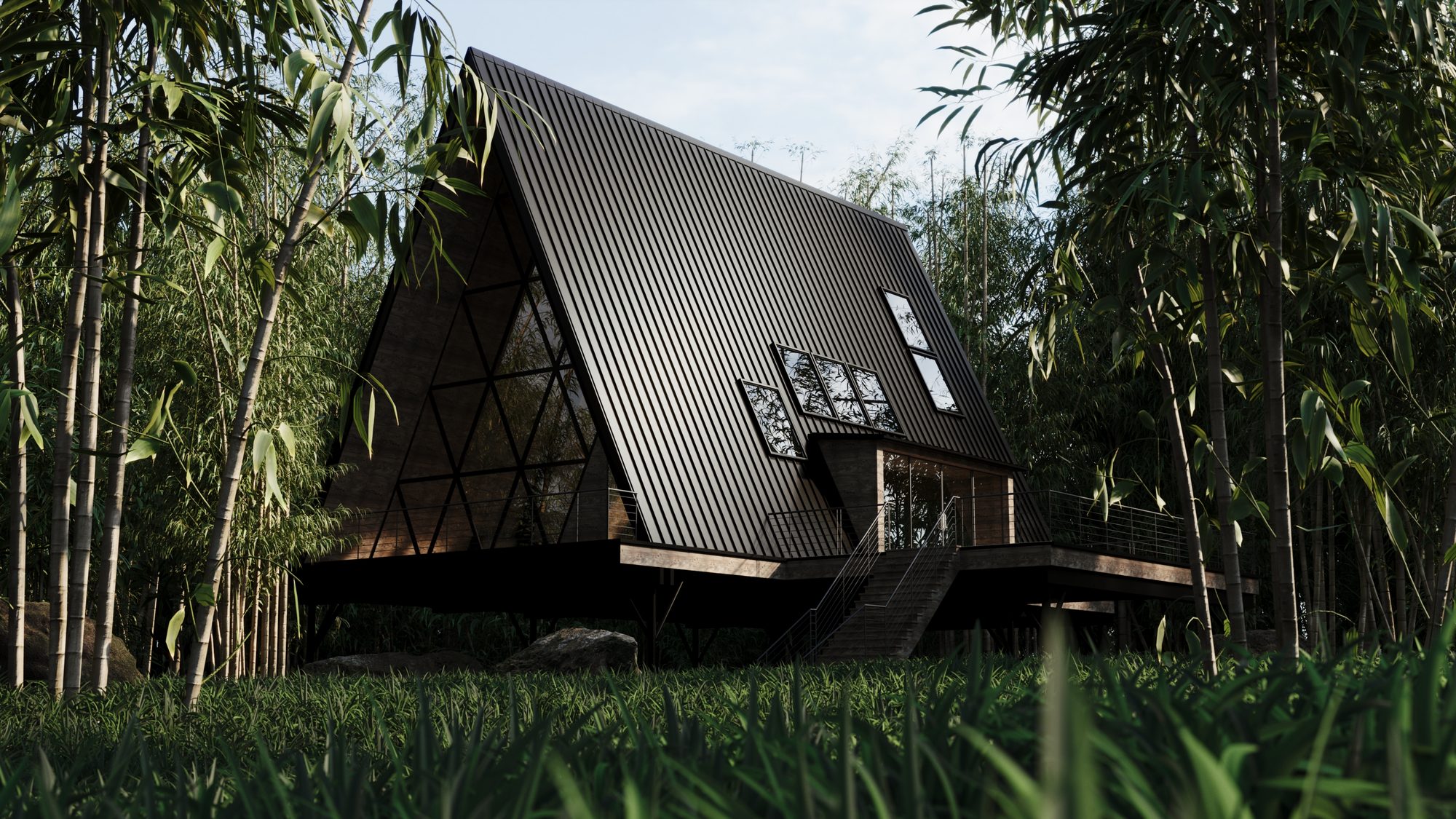 Maison A-frame au cœur d'une bambouseraie à la tombée du jour — rendu CGI