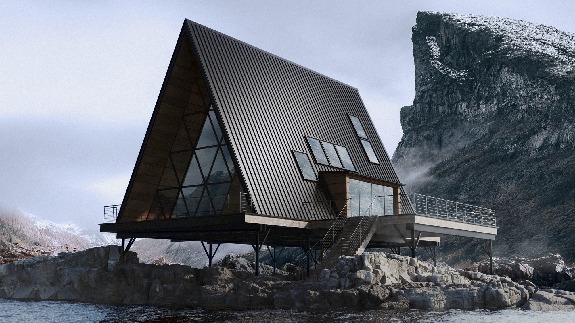 Maison A-frame sur pilotis au bord d'un fjord brumeux, falaise en arrière-plan — rendu CGI