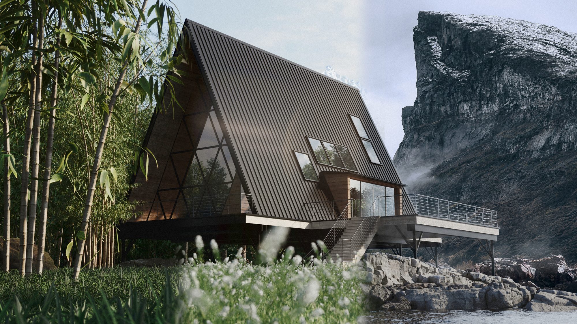 Maison A-frame en lisière de bambous au bord de l'eau, falaise en arrière-plan — rendu CGI