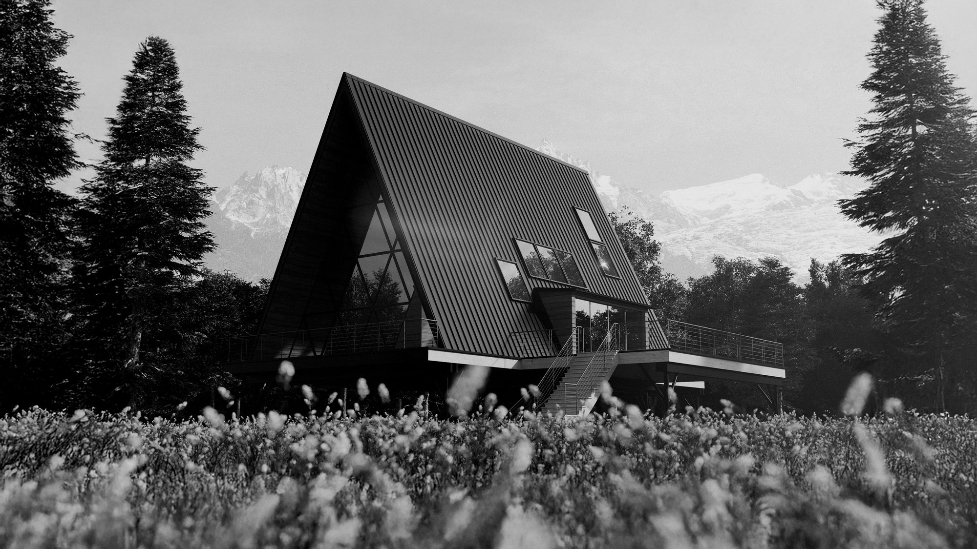 Maison A-frame noire dans un alpage, montagnes enneigées en arrière-plan — rendu CGI