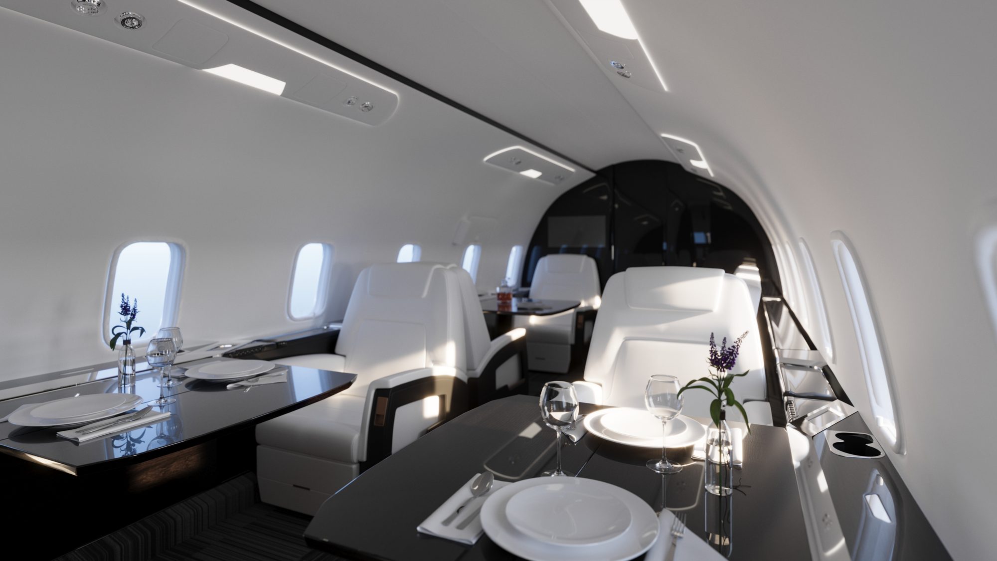 Cabine du Challenger 350, sièges en cuir blanc et tables dressées — rendu CGI