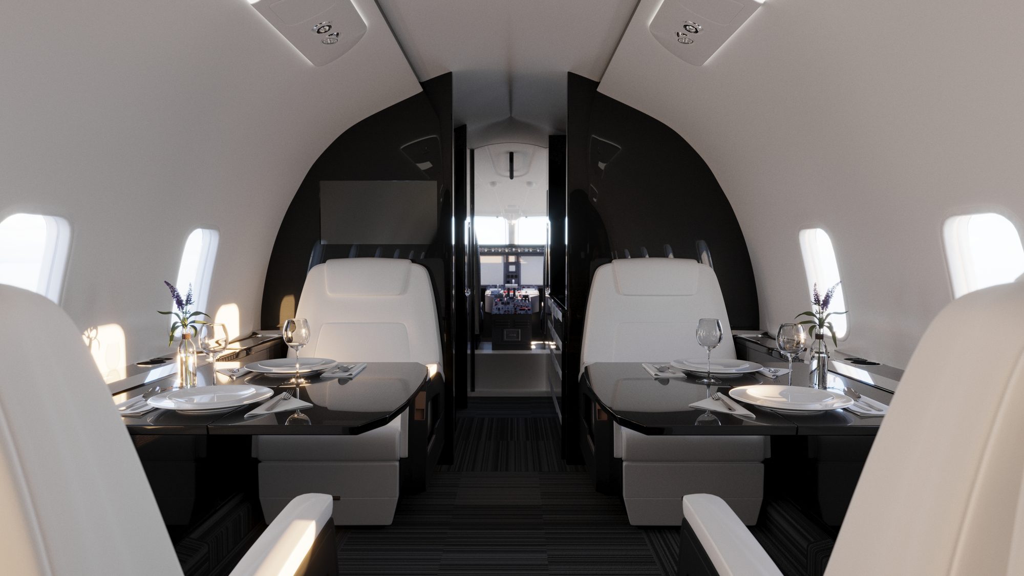 Vue de la cabine vers le cockpit du Challenger 350 — rendu CGI