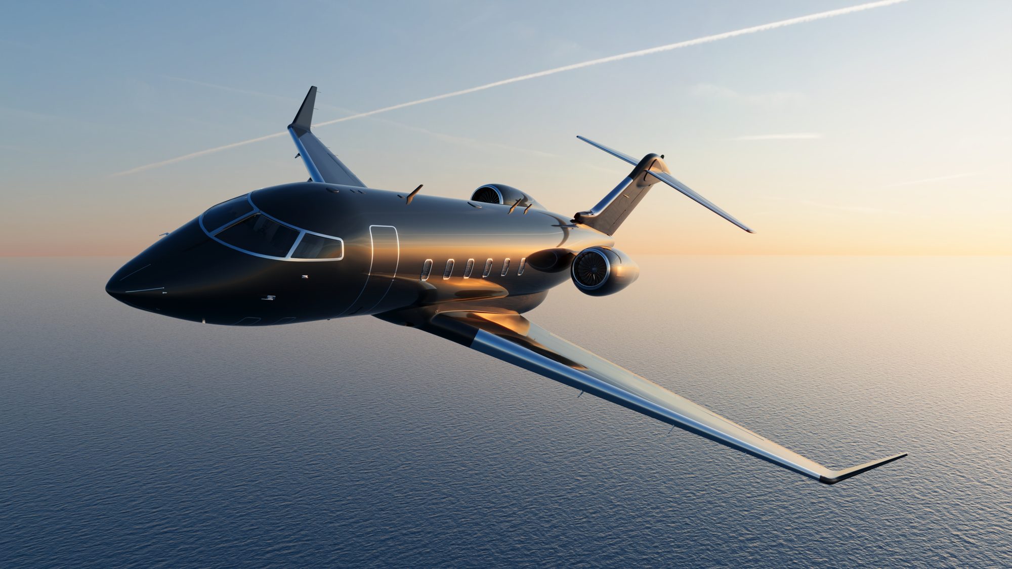 Bombardier Challenger 350 en vol au-dessus de la mer à l'heure dorée — rendu CGI