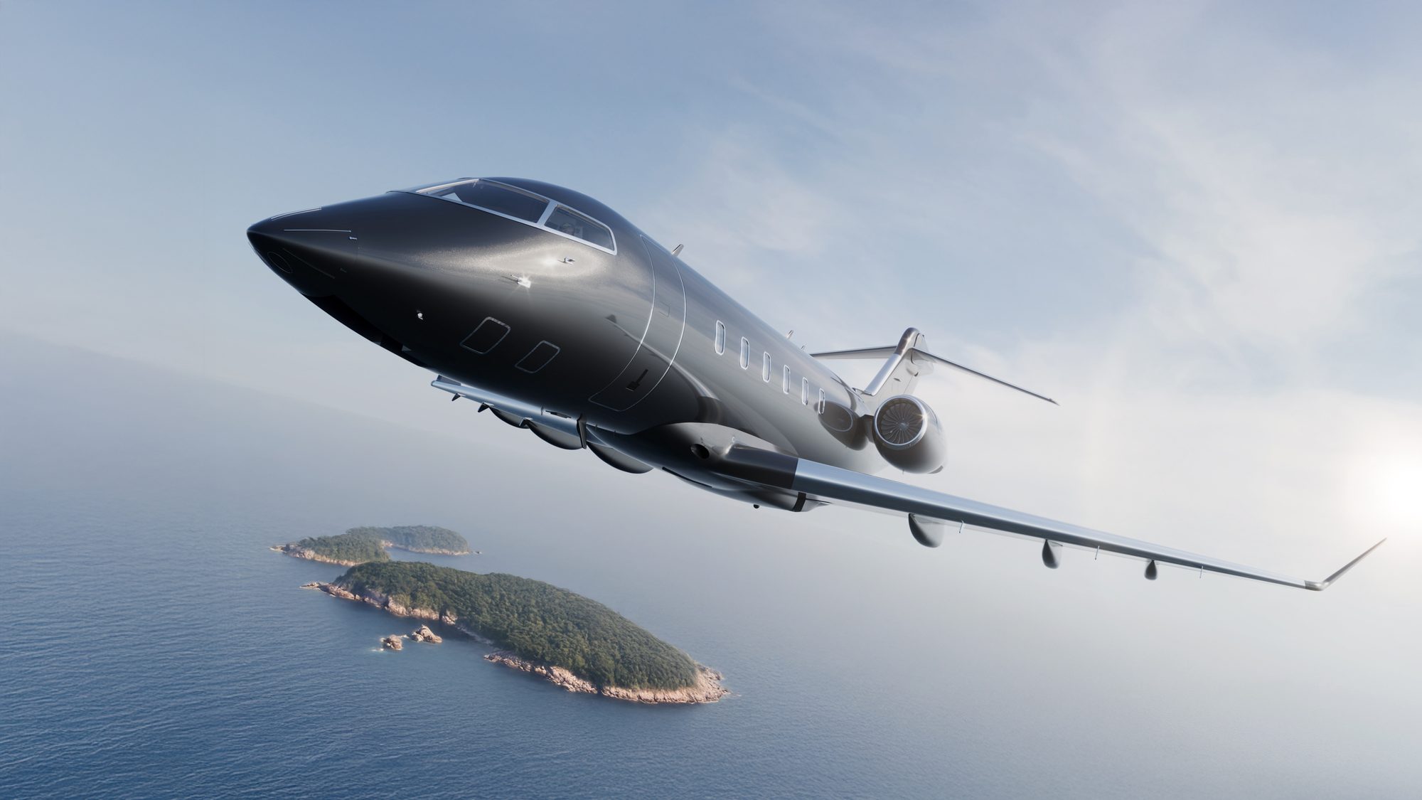 Challenger 350 survolant des îles boisées en pleine lumière — rendu CGI