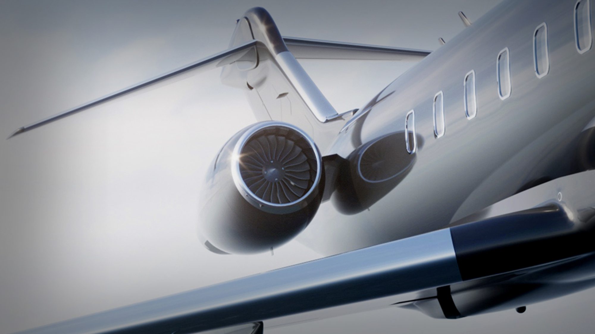 Détail du réacteur et de l'empennage du Challenger 350 — rendu CGI