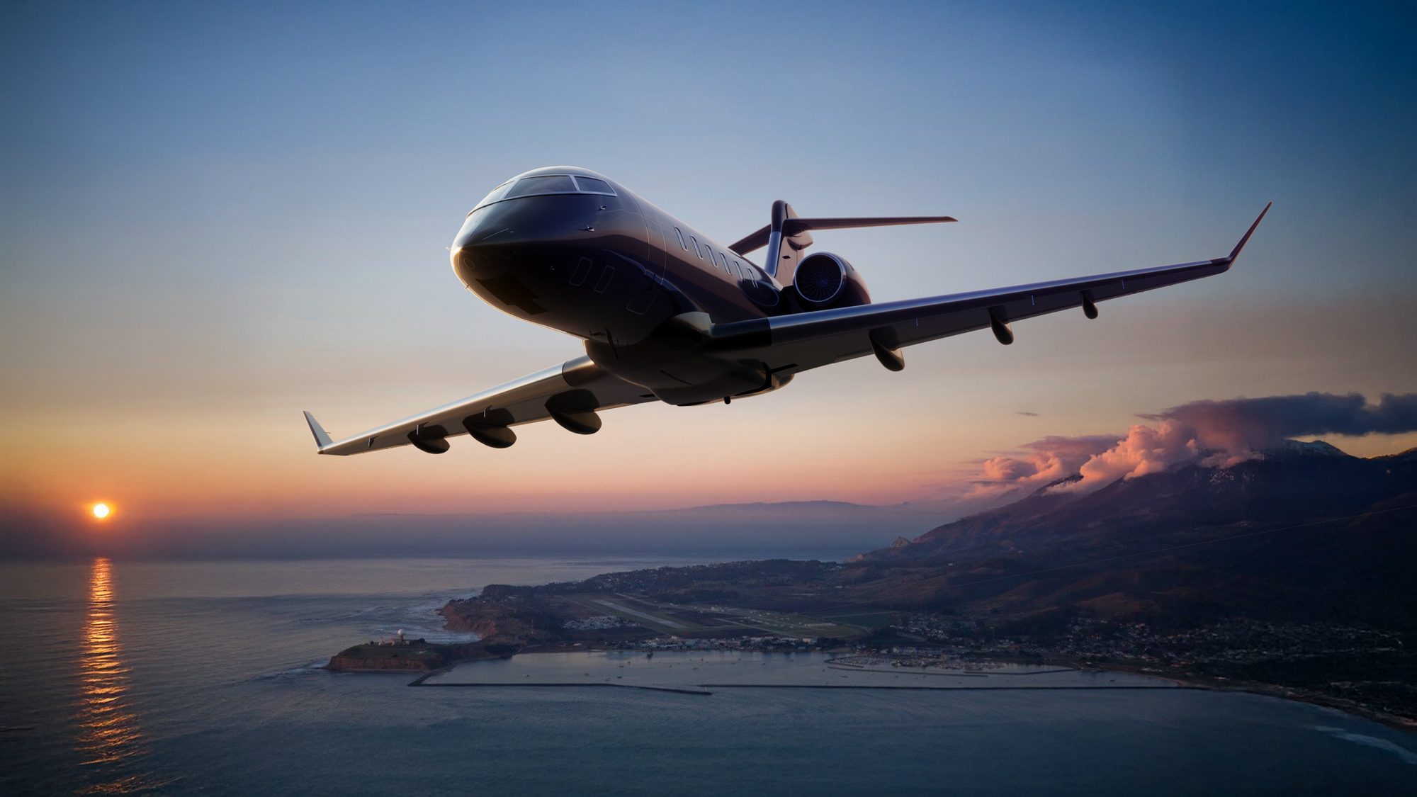 Challenger 350 en vol au coucher du soleil au-dessus d'une baie — rendu CGI
