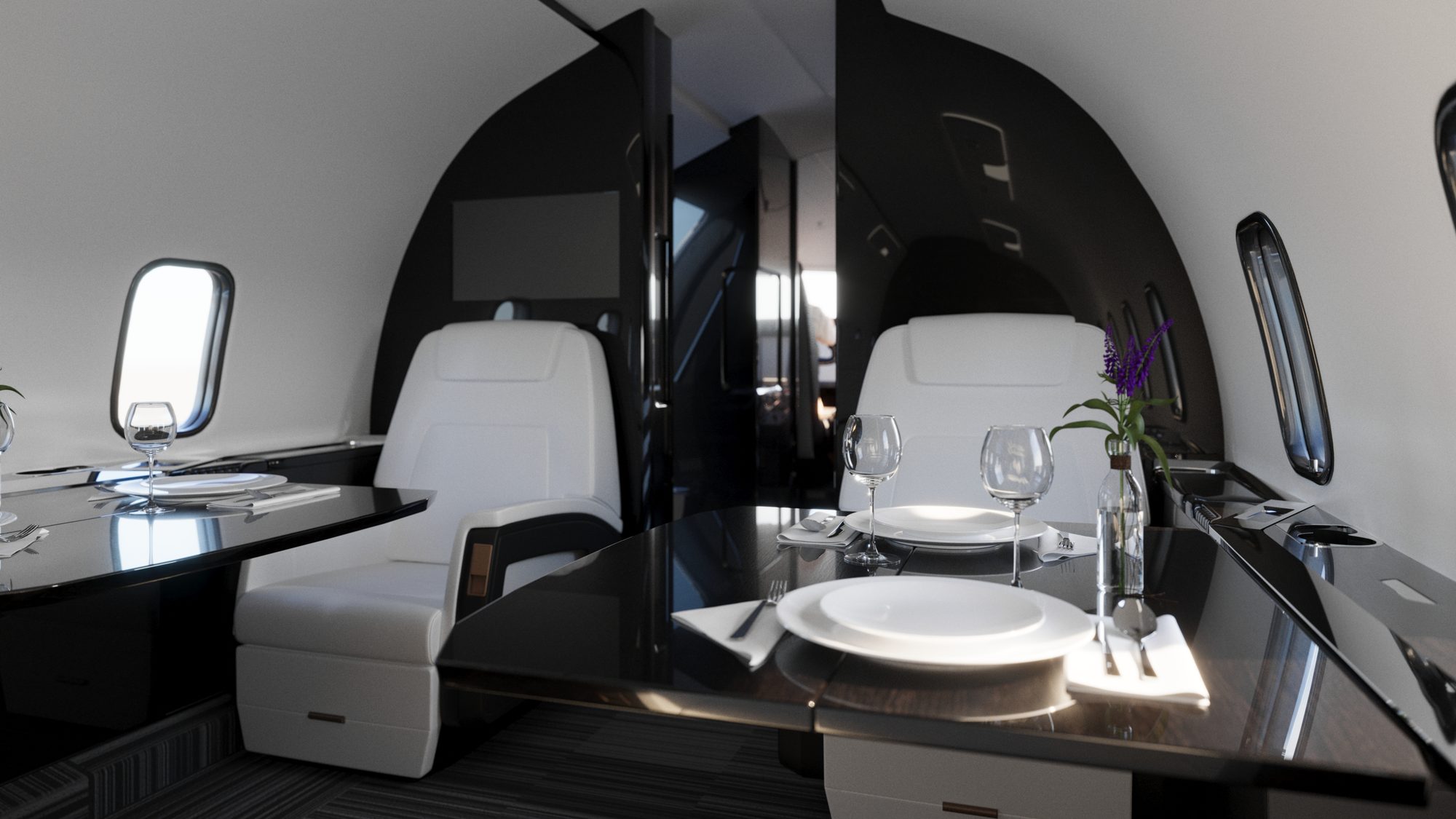 Détail d'une table dressée dans la cabine du Challenger 350 — rendu CGI