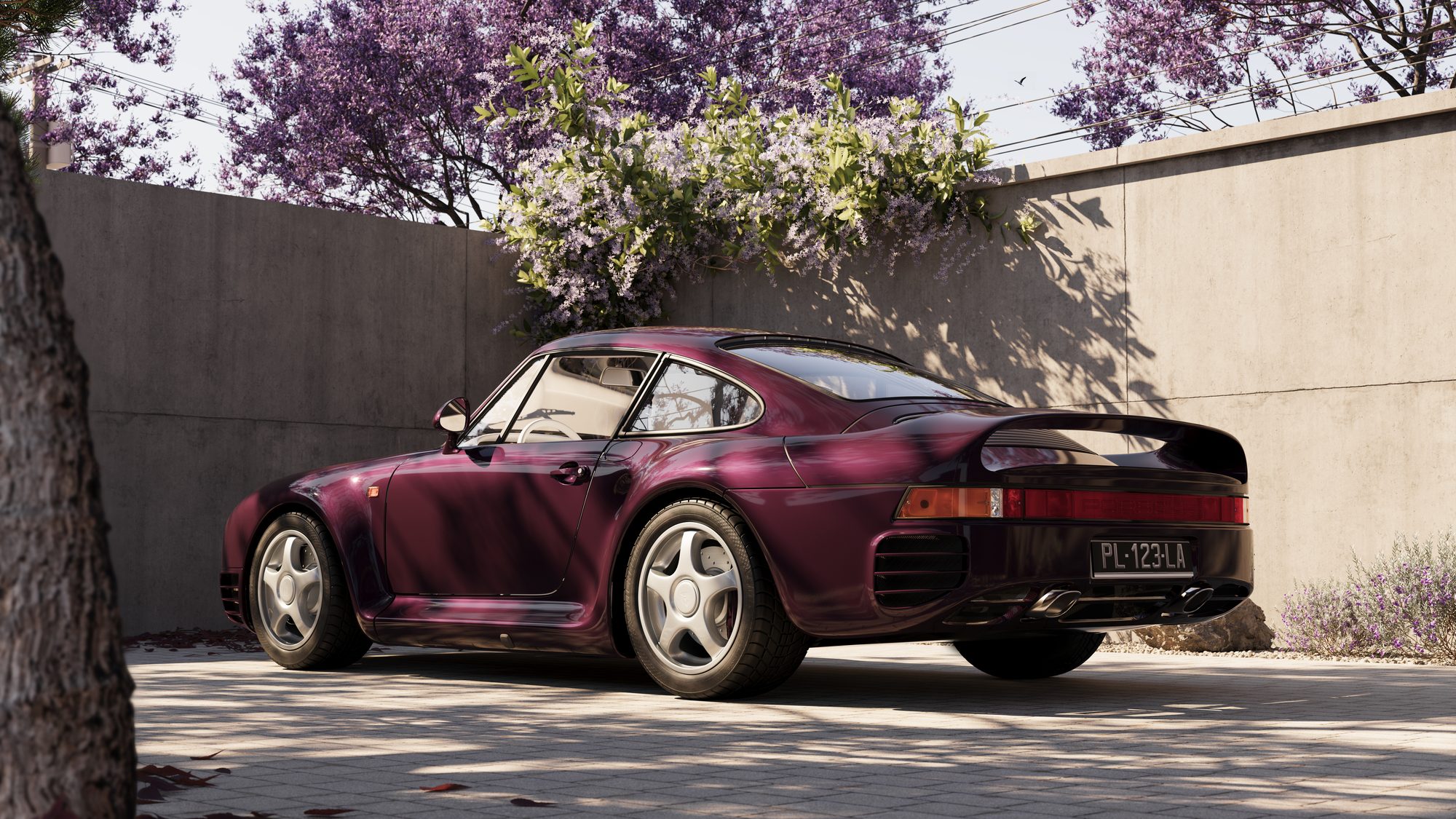 Porsche 959 de trois quarts arrière, aileron et feux — rendu CGI