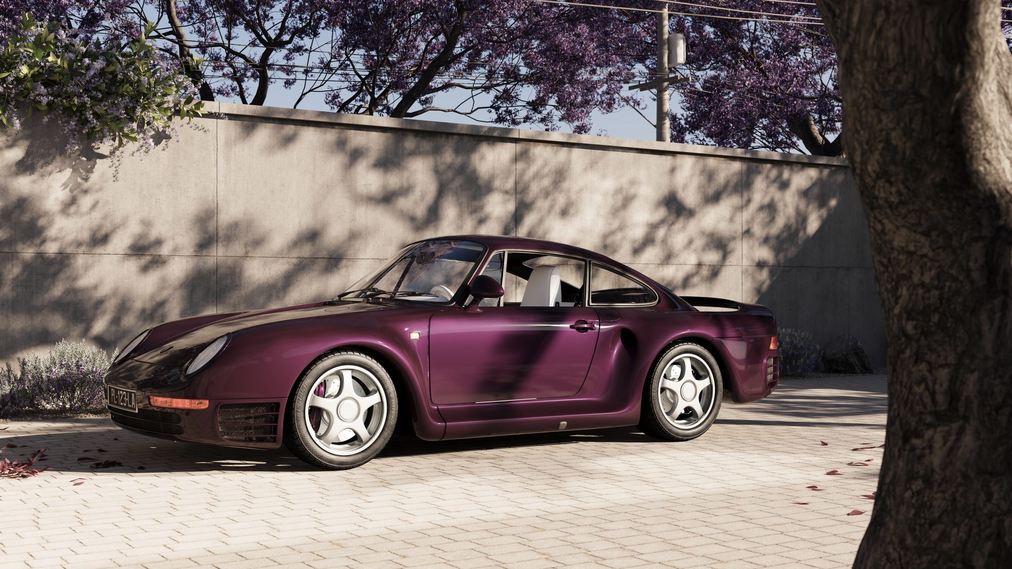 Porsche 959 de trois quarts avant à l'ombre d'un arbre — rendu CGI