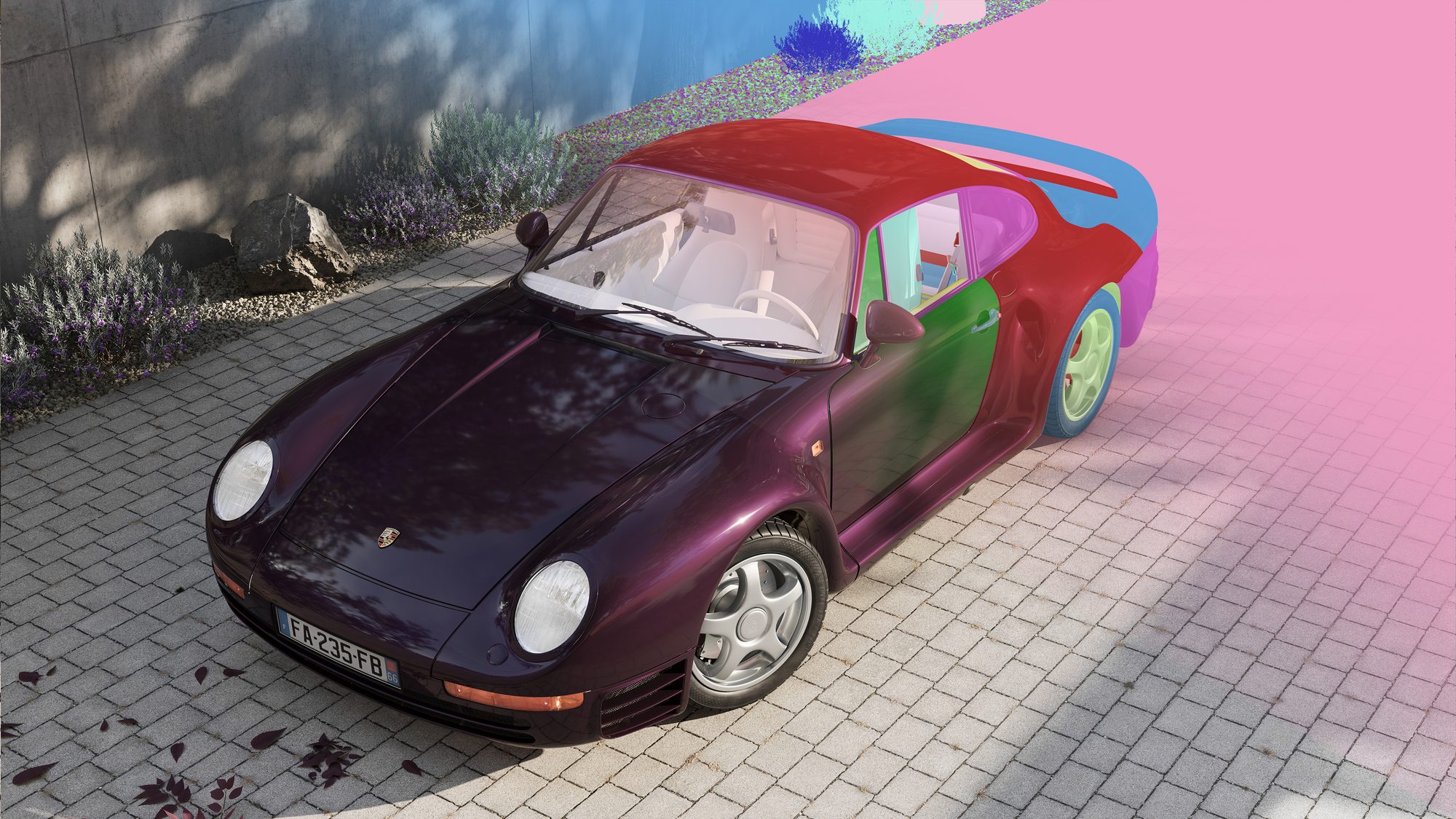 Passe d'identification des matériaux de la Porsche 959 — décomposition technique du rendu