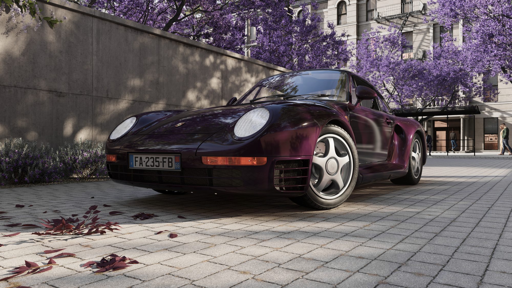 Porsche 959 violette en contre-plongée dans une rue bordée de jacarandas — rendu CGI