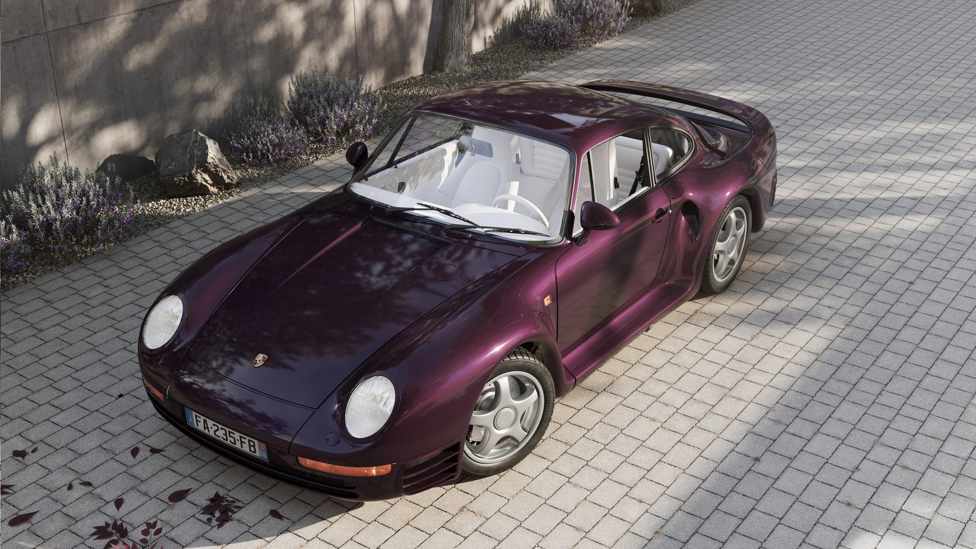 Porsche 959 en plongée trois quarts — rendu CGI