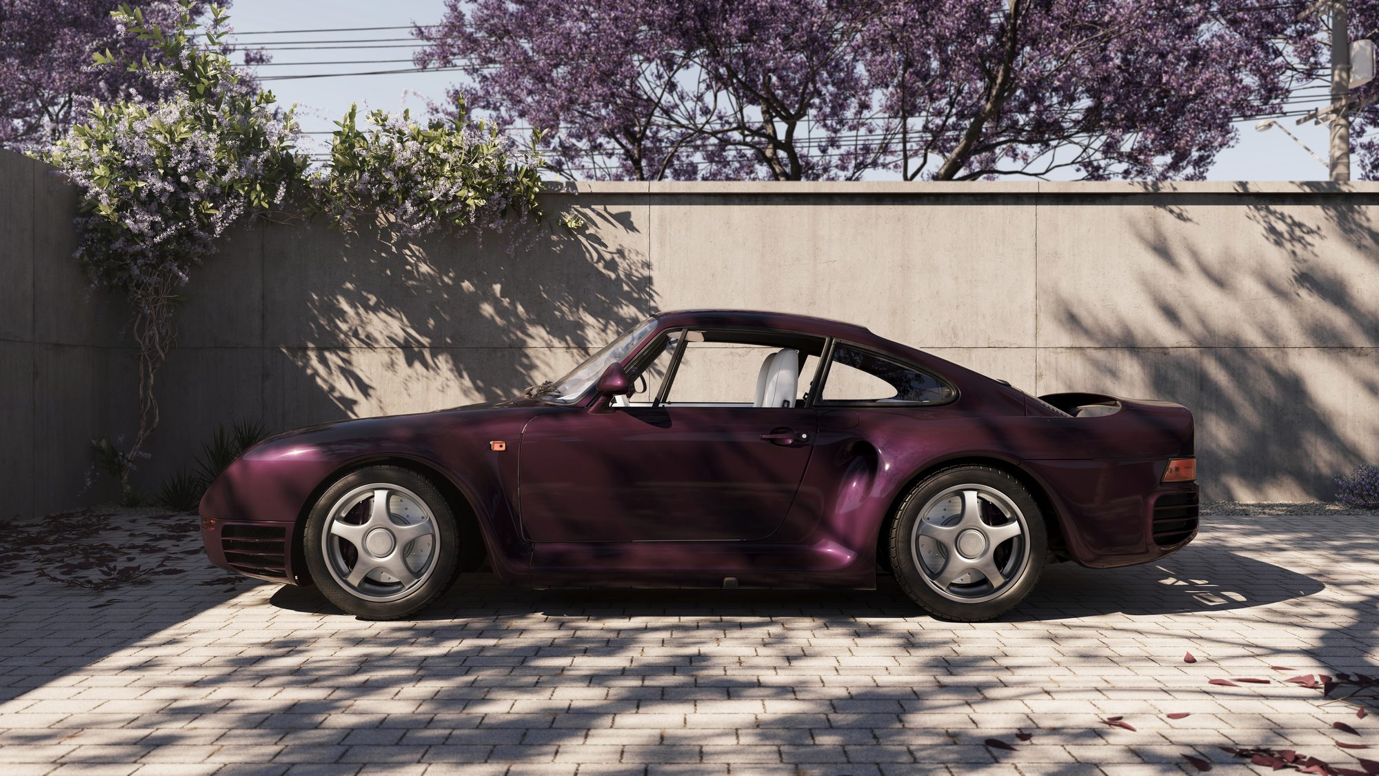 Porsche 959 de profil devant un mur de béton — rendu CGI