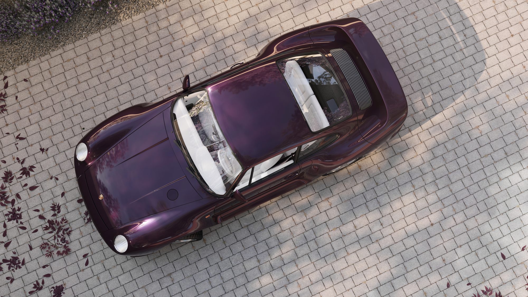 Porsche 959 vue du dessus sur pavés — rendu CGI