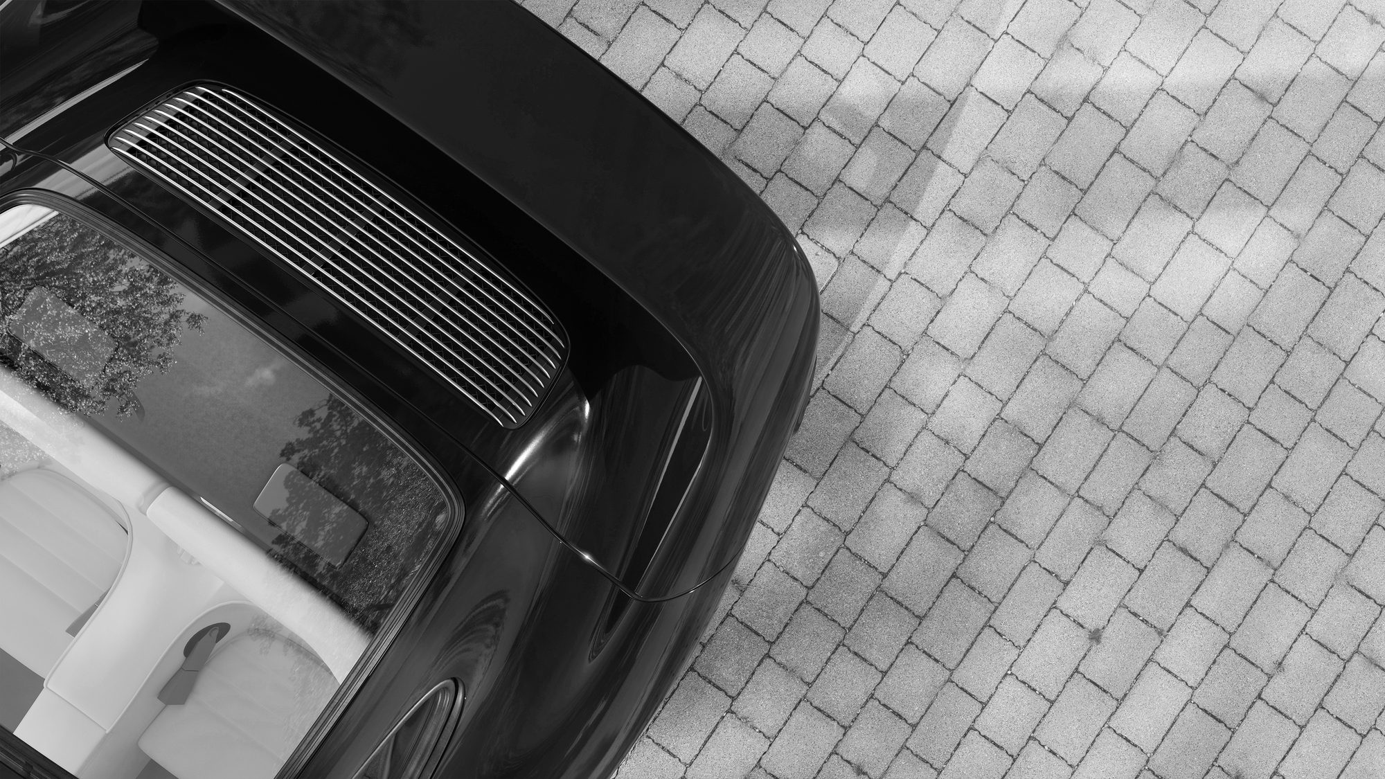 Porsche 959 vue du dessus sur pavés — rendu CGI
