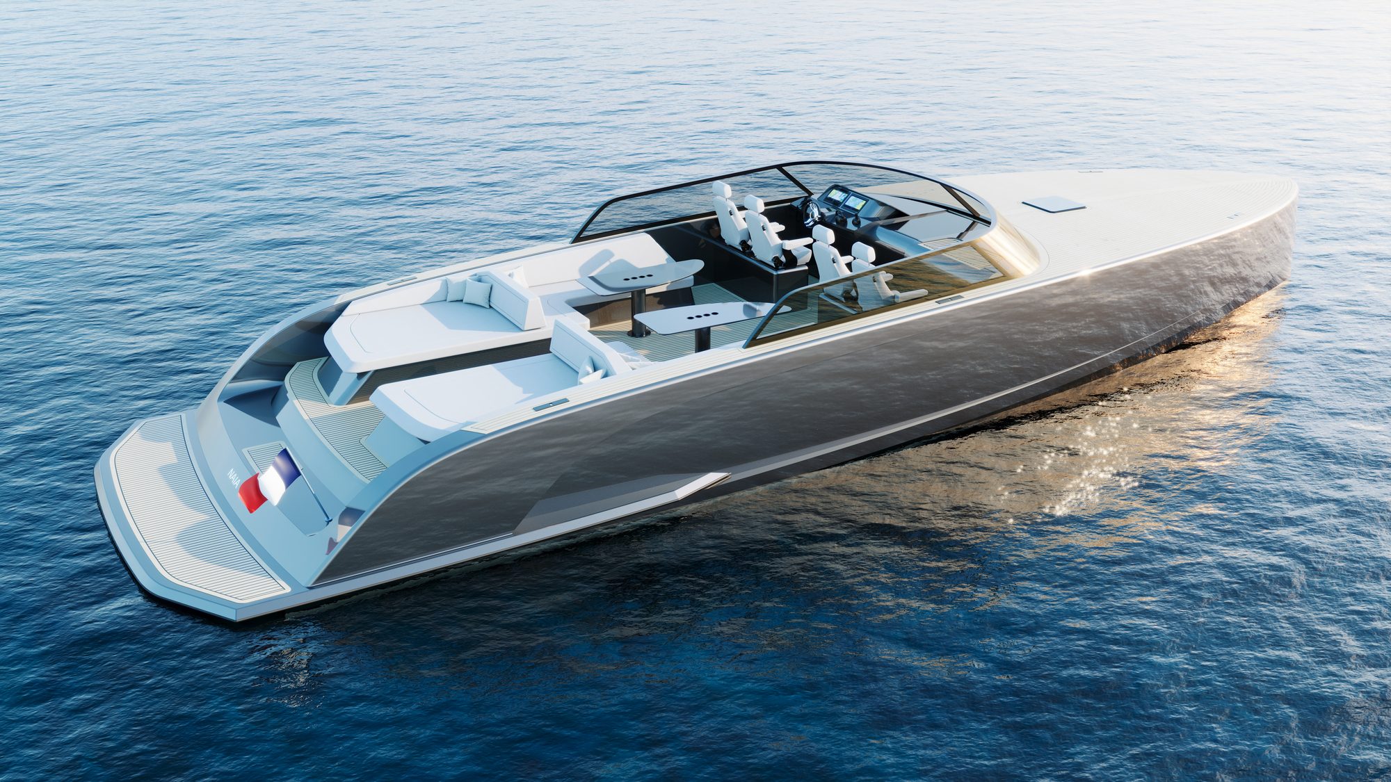 Yacht NAIA au mouillage vu du ciel, mer calme — rendu CGI