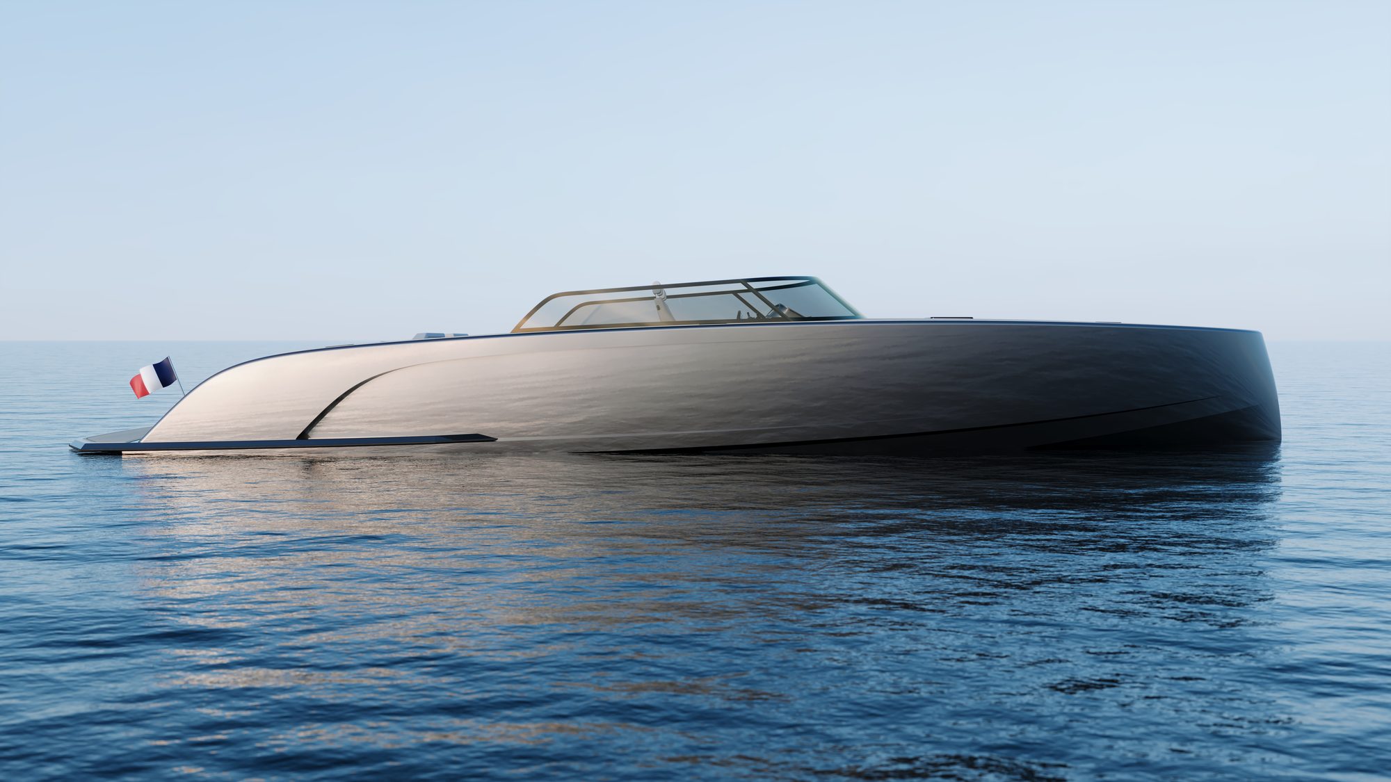 Yacht NAIA immobile sur une mer d'huile à l'aube — rendu CGI