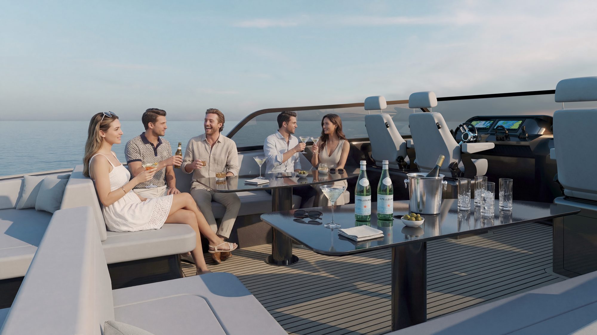 Scène de vie dans le cockpit du yacht NAIA au coucher du soleil — rendu CGI