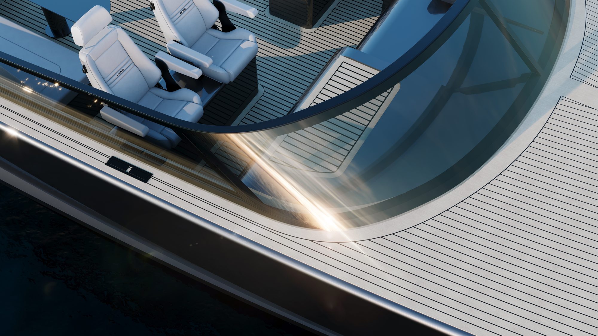Détail du pont en teck et des sièges pilote du yacht NAIA — rendu CGI