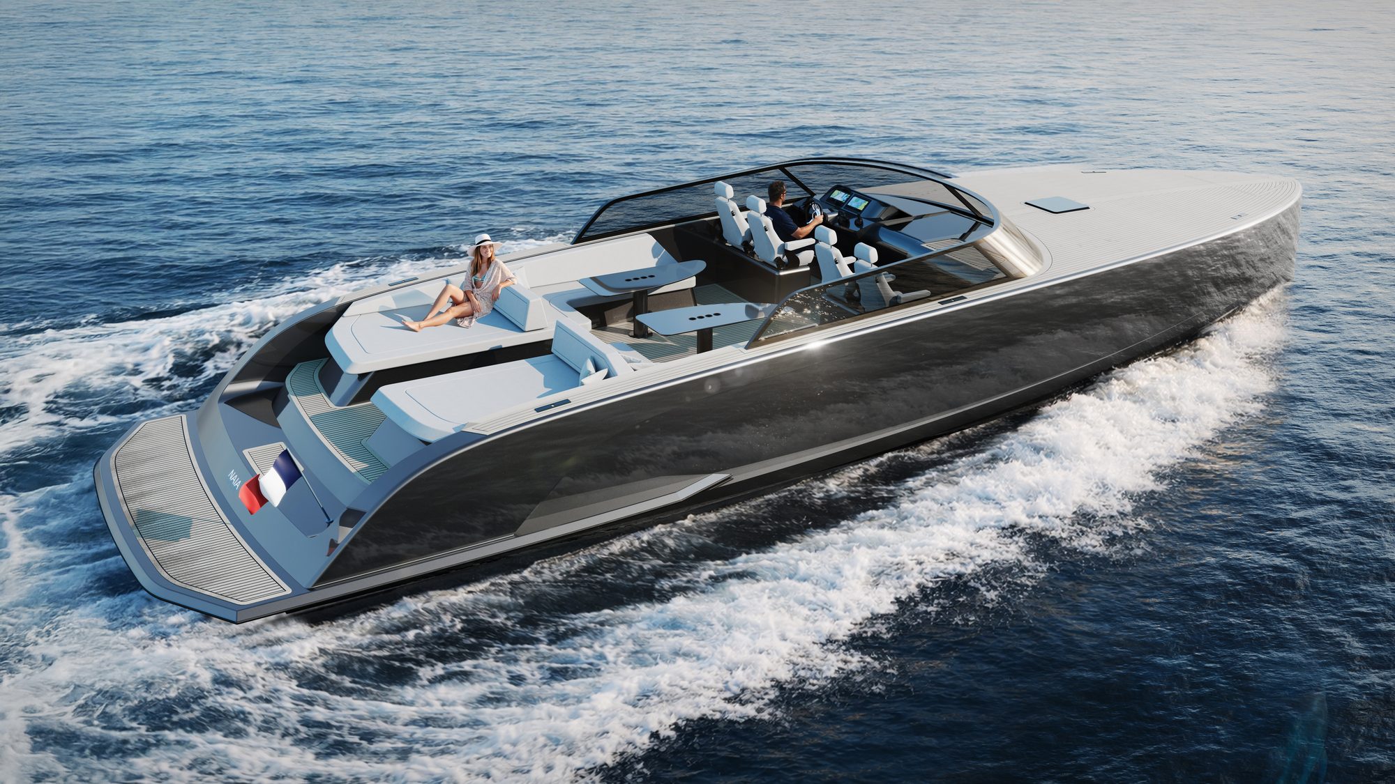 Yacht NAIA vu du ciel en navigation, sillage blanc sur mer bleue — rendu CGI