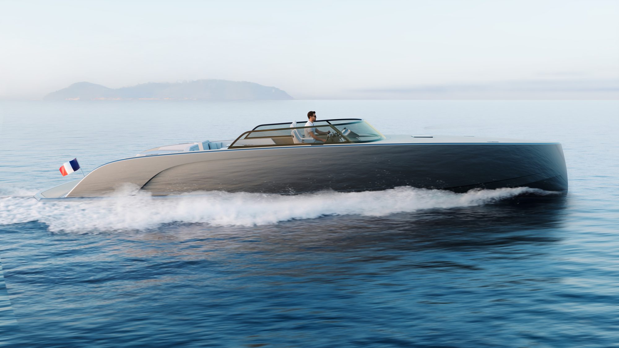 Yacht NAIA de profil en navigation devant une île dans la brume — rendu CGI